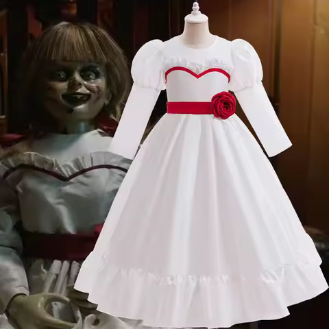 red rose Annabelle Horror Bride Cosplay Costume Evil Halloween Party Costume White puff-sleeved Dres
