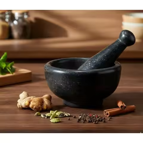6" Natural Stone Mortar and Pestle Set Heavy Duty Spice and Herb Grinder Guacamole Masher Non-Porous