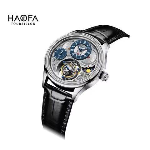 Haofa GMT Tourbillon Mechanical Men's Luxury Watch Skeleton Movement Moon Phase Flying Tourbillon Ma
