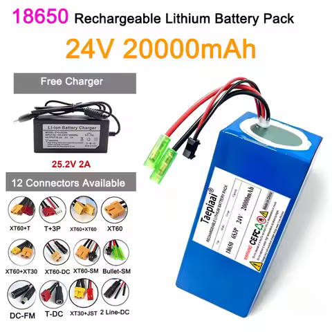 24V 20Ah 6S3P 18650 Lithium Battery Pack 175*50*75mm with BMS Charger 12 Multiple Connectors Battery