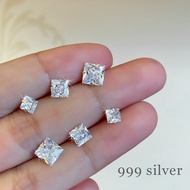 Silver Earrings 925 Sterling Silver One Diamond Square Diamond Simple Small Men Women Flash Diamond 