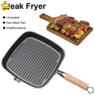 ADREE Steak Pan, Wooden Handle Non-Stick Surface Cast Iron Skillet, Premium Square Design Uncoated C