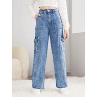 [ 2025 ARRIVAL ] Cargo Six pocket Wide Leg  Seluar Jeans Perempuan Acid Wash Cargo Premium Quality