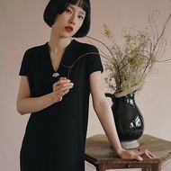 黑色 復古玉扇新中式V領洋裝 垂墜舒適修身連身裙