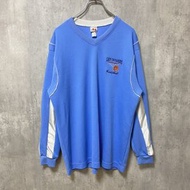 古著長袖籃球比賽 T 卹，帶有單一刺繡細節，淺藍色，V 領，超大廓形，XL 碼