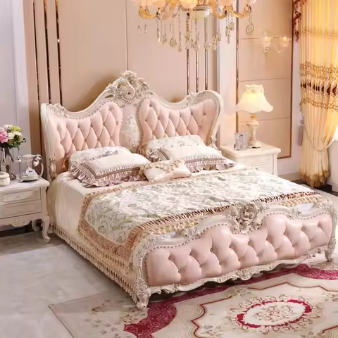 European Princess Luxury Double Bed Girls Modern Pretty Pink Villa Bed Modern Comferter Lit Furnitur