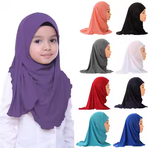 H061 plain small girl amira hijab fit 2-6 years old kids al-amira pull on islamic scarf headwrap hea