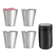 Stainless Steel Shot Cups, Set of 4 Cups, Metal Shot Glasses, Stackable, Hip Flask Small with Leathe
