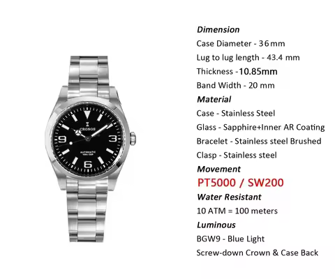 Cronos L6032 36mm Men Mechanical Watch PT5000 Automatic Sapphire Crystal BGW9 Luminous 100M Waterpro