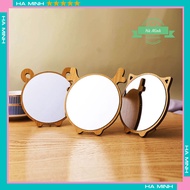 Wooden mirror with deer ears, bear and cat for table, cute lady style