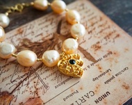 唐頓莊園天然珍珠雕花桃心西洋古董風手工手鏈復古tasaki