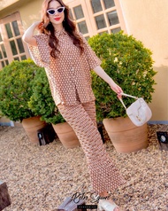 Sugarbird - Retro Square Set สี Copper Brown ชุดเซ็ตเบลาส์และกางเกงขายาวพิมพ์ลาย