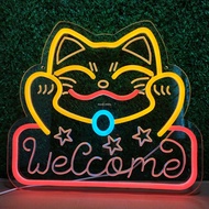 ป้ายไฟนีออน ป้ายไฟ Maneki-neko  Welcome ไฟประดับตกแต่ง ป้ายไฟสำรับตกแต่งหน้าร้าน