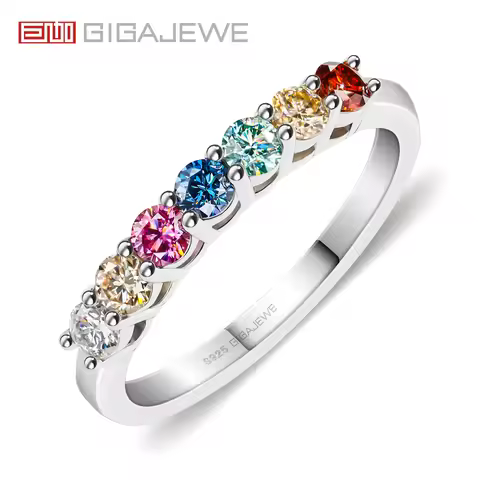 GIGAJEWE Moissanite 0.7ct 3.0mm Rainbow VVS1 Round Cut 925 Silver Half Circle Row Ring Diamond Test 