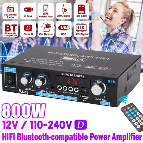 AK35 380 800W Home Digital Amplifiers Audio 110-240V Bass Audio Power Bluetooth Amplifier Hifi FM Au