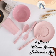 Set Mangkuk + Sudu + Garfu + Pinggan + Chosptick + Cawan - Tableware Bowl Wheat Straw Plastick for Doorgift Wedding 6PCS