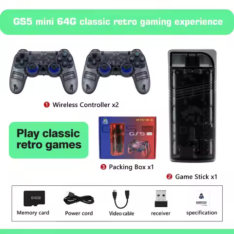The GS5mini retro game console features dual wireless controllers, supports 4K high-definition outpu