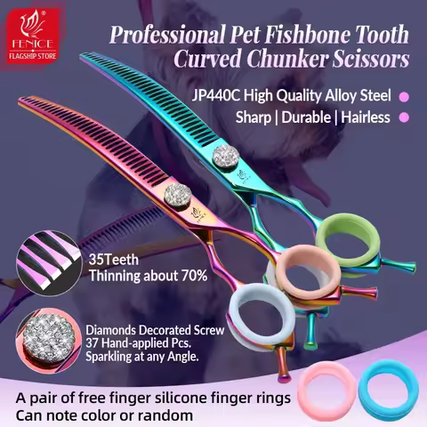 Fenice 7.25 Inch Professional Diamonds Screw Curved Chunker Scissors Pet Grooming Shears JP440C Thin
