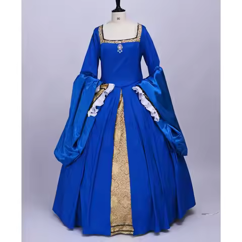 Custom Made Tudor Queen Royal Blue Cosplay Costume Gold Brocade Renaissance Dress Halloween Ball Gow
