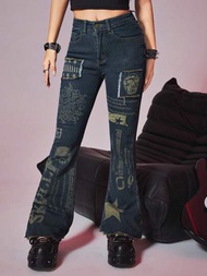 ROMWE Grunge Punk 女性修身型復古骷髏貼紙喇叭牛仔褲