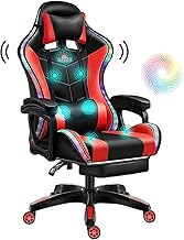 Gaming Chair with RGB LED Lights and Speakers, Massage Computer Chair Ergonomic Racing Office Chair PU Leather Recliner Swivel E-Sports Chair with Lumbar Support Headrest Armrest and footrest,Red