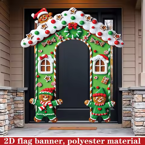 2D FLAT 1Pc Gingerbread House Outdoor Banner, Green Christmas Gingerbread House Door Banner, Polyest