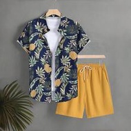 Men's Summer Vacation Casual Pineapple Print Shirt And Shorts Set,Yellow Boho Beach Tropical Holiday