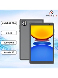 Pritom L8 Plus 8英吋 Android 13 平板電腦（a523 8核心 1.8ghz 8gb(4gb+4gb) Ram/64gb Rom） 1280*800ips /5g Wifi /bt 5.2/wifi 6/5000mah/type-c/2mp+8mp相機（不包含適配器）灰色