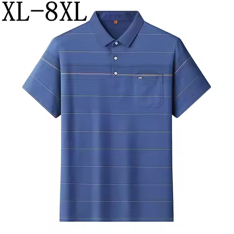 8XL 7XL 6XL 2024 New Summer 100% Cotton Striped Polo Shirt Men High End Luxury Mens Shirts With Pock