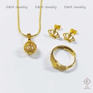 18k Gold Ball Necklace Earring Adjustable Ring 3in1 Jewelry Set for Women Birthday Gift W/BOX