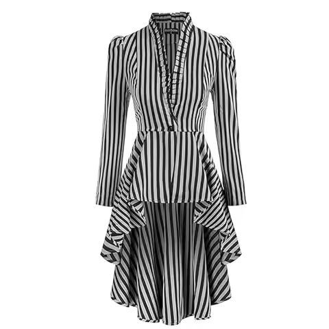 Steampunk Long Stripe Jacket Tail Frock Coat Vintage Gothic Trench Women Dress High Low Gothic Victo
