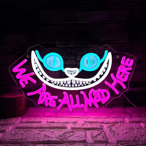 Cheshire Cat Smile Neon Sign Alice in Wonderland WE ARE ALL MAD HERE LED Wall Light for Home Bar Bed