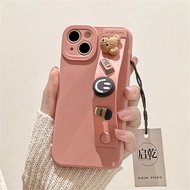 Suitable for IPhone 11 12 Pro Max X XR XS Max SE 7 Plus 8 Plus IPhone 13 Pro Max IPhone 14 15 Pro Max Pink Colour Phone Case with Bear Coffee Accessories Wrist Strip