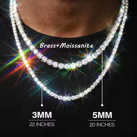 3/5MM Width Tennis Chain Iced Out Moissanite for Men Women Pass Test Lab Diamond VVS1 D Color Brass 