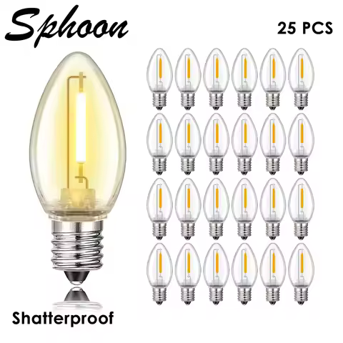 25PCS C7 Shatterproof Led Replace Bulbs For Outdoor String Lights E12 Candelabra Base 1W Equivalent