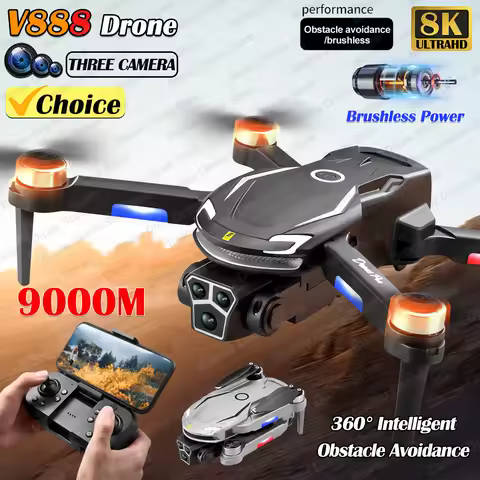 New V888 Brushless Drone 8K Professional HD Triple Camera Obstacle Avoidance No GPS Optical Flow Pos