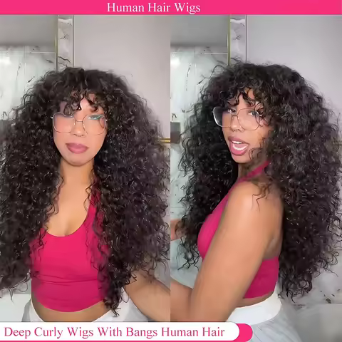 250 Density Curly Wave Human Hair Wigs With Bangs Human Hair Wigs Machine Made Human Hair Wig Natura