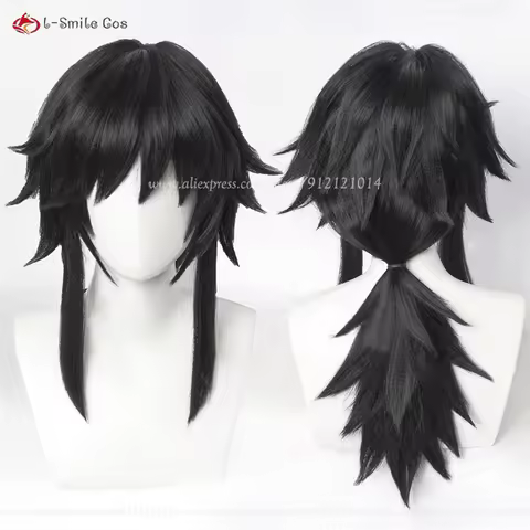 Anime Tomioka Giyuu Cosplay Wigs 40cm Long Black Fluffy Men Wig Heat Resistant Synthetic Hair Hallow