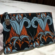 Prada 橘 藍 牛皮 花朵圖案 手拿包