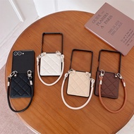 Luxury diamond grid Leather Case for Samsung Galaxy Z Flip 7 6 5 4 3 5G with hand Strap Protection C