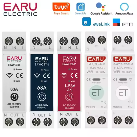 Tuya eWeLink WiFi Smart Circuit Breaker MCB 1P+N 63A Timer Relay kWh Voltage Current Meter Protector