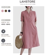 LAHSTORE straight linen dress with train collar, loose sleeves, youthful embossed hem DS33 (Pink)