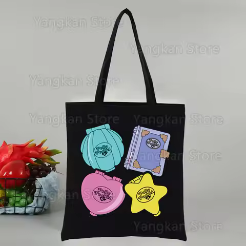 Polly Pocket Print Canvas Tote Black Bags Harajuku Casual Female Girl Tote Eco Shopper Shoulder Bags
