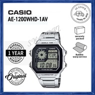 [100% Original] Casio Watch  AE-1200WHD-1AV Men Digital WORLD TIME Stainless Steel Strap Original Wa
