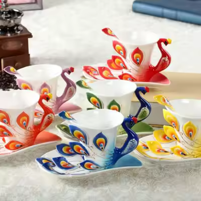 luxury 3d peacock shaped design ceramic coffee cup with saucer spoon set