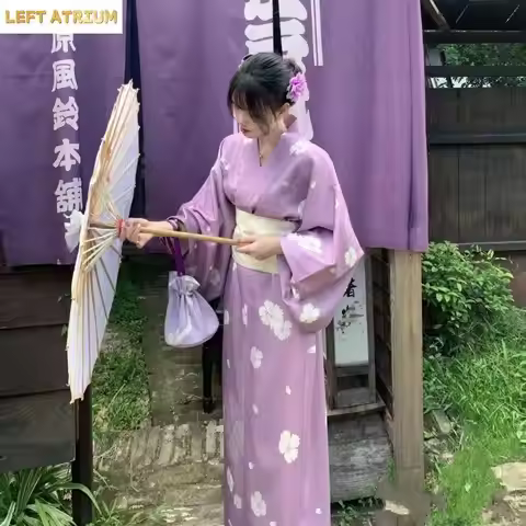 2023 New Japanese Kimono Woman With White Obi Vintage Style Flower Printed Performing Yukata Dress P