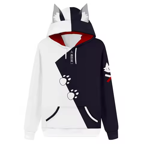 Hololive VTuber Ookami Mio Cosplay Cat Ear Hoodie 3D Print Sweatshirt Men Women Casual Short Sleeve 