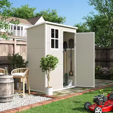 Outdoor Storage Shed 5x3 FT, Resin Garden Shed for Bike, Garbage Can, Tool, Outside Plastic Shed wit