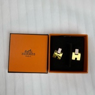 Hermes 愛馬仕經典H耳環 粉紅色拼金色H
