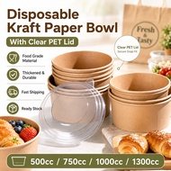 Disposable Kraft Paper Bowl with Clear Lid 500/750/1000/1300cc Food Salad Soup Takeaway Packag